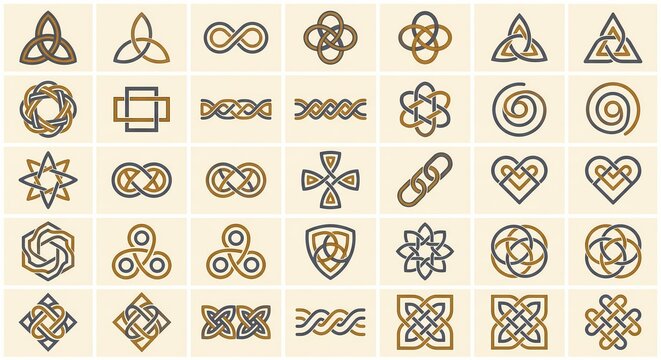 Celtic knot collection, intricate interwoven geometric symbols, endless loops, gold and grey icons