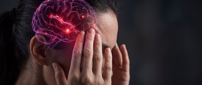 Woman suffering from severe headache and migraine with glowing red brain illustration indicating inflammation and neurological pain