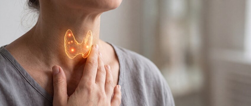 Woman touching her neck with glowing anatomical thyroid gland illustration representing endocrine health checkup and hormone disease diagnosis