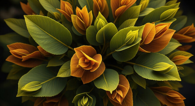Macro view of stylized green and orange leaves arranged in dense circular pattern for botanical texture and organic environmental concept.