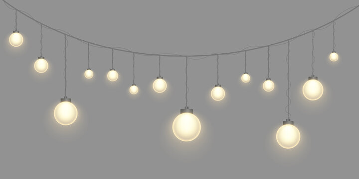Bright golden string lights with realistic luminous bulbs. Shimmering halos enhance the festive decoration. Perfect for elegant Christmas layouts.