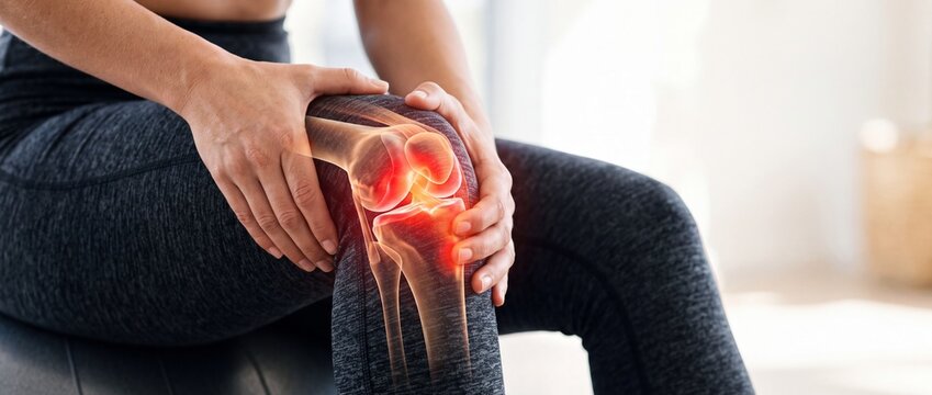 Woman holding her injured knee with glowing 3D anatomical joint overlay showing pain and inflammation during recovery