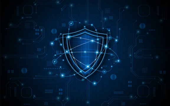 The shield symbol represents internet security and firewalls. These concepts are related to data protection, global network security, and future defense technologies.