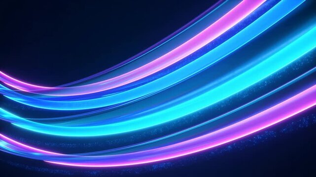 Neon Light Trails Sweeping in Curved Waves Across a Dark Blue Abstract Background