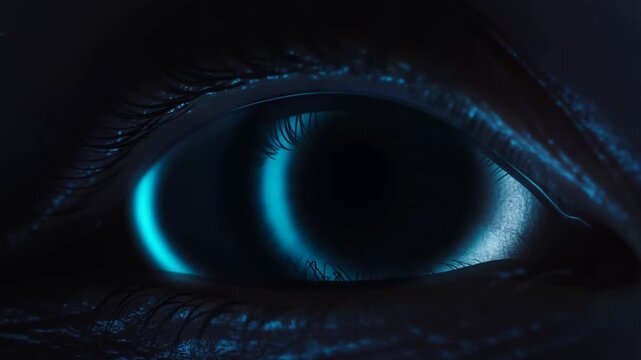 Extreme Closeup of a Human Eye with Blue Reflections in Dark Lighting
