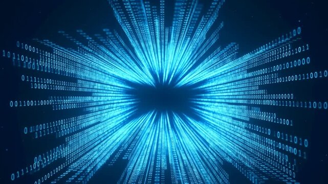 Glowing Blue Binary Code Streams Expand from a Dark Center Across a Starry Abstract Background
