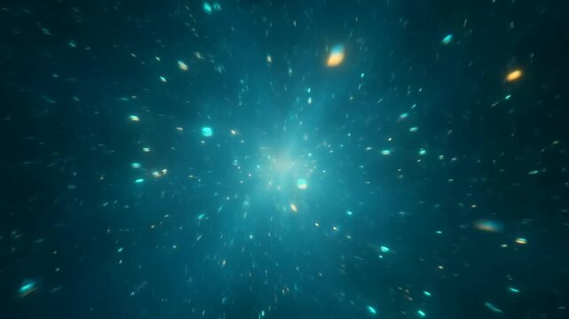 Teal and Gold Particles Stream Outward from a Bright Center in an Abstract Dark Blue Field