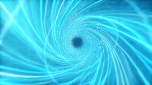 Glowing cyan vortex spiraling through an abstract blue tunnel with radiant streaks and particles