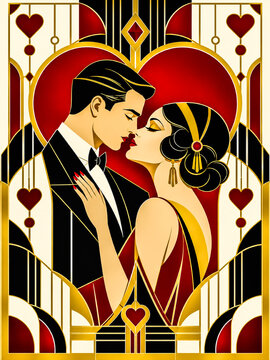 Vintage Art Deco Valentine's Day Illustration of Romantic Kissing Couple