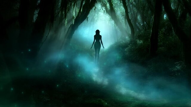 Silhouetted Woman Walking Along a Misty Forest Path Beneath Turquoise Light