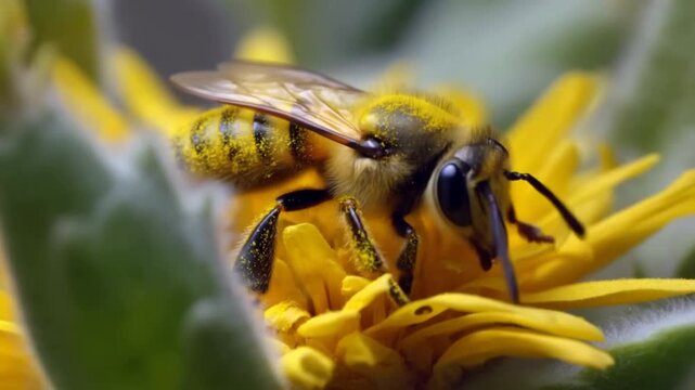 Bee Moves Across Yellow Flower With Pollen-Covered Body in a Softly Blurred Garden Setting