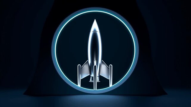 Futuristic Rocket Ascending Through a Glowing Neon Circle in a Dark Space Setting