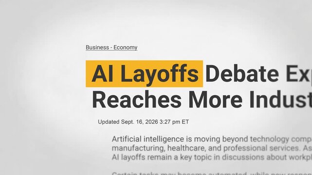 AI layoffs highlighted in yellow typography animation. AI layoffs headline text on white background. layoffs, ai taking jobs, automation, news title broadcast. 4k footage