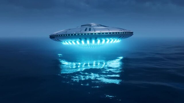 Futuristic flying saucer hovering above a dark ocean with glowing blue lights and reflections