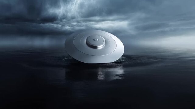 Metallic disc-like object rises from dark water beneath heavy storm clouds