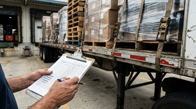 Hands Holding Cargo Manifest Beside Loaded Cargo Trailer, Shipping Documents and Freight Paperwork