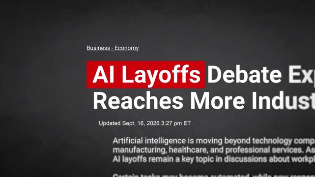 AI layoffs highlighted in red typography animation. AI layoffs headline text on black grunge background. layoffs, ai taking jobs, automation, news title broadcast. 4k footage