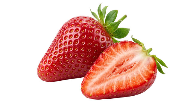 Ripe red strawberry, whole and cut in half isolated on transparent png