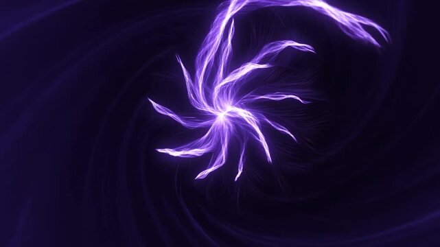Glowing purple filament spiral swirling into a luminous flower shape on a dark background