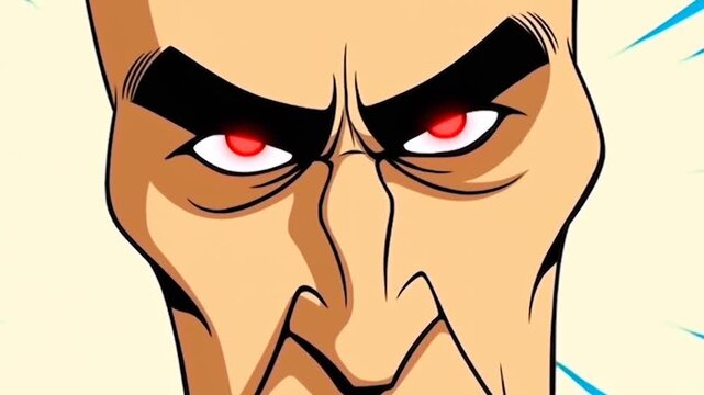Furious animated man glaring with glowing red eyes against a dramatic burst background
