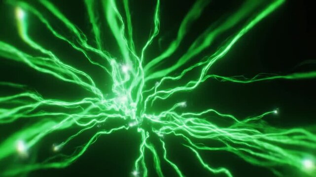 Green luminous filaments radiate and pulse outward against a dark abstract background