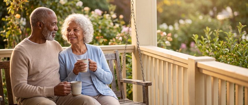 Enjoying a peaceful morning together, a smiling mature African American couple sits on a wooden porch swing in their blooming garden, holding coffee mugs and looking affectionately at each other.