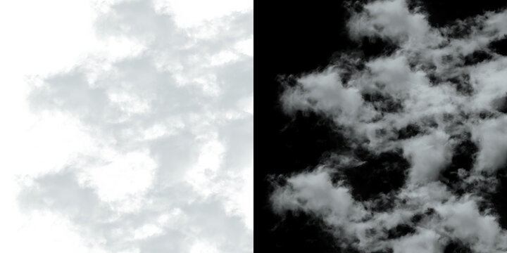 Realistic transparent wispy clouds isolated on black background for graphic overlays.