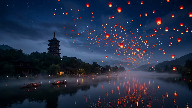 Stunning night view of floating sky lanterns over a misty river with traditional pagoda silhouette