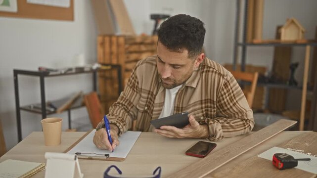 Man carpenter writing notes with pen and hand holding tablet on wood table in studio with tape measure and phone; concentration planning workflow.