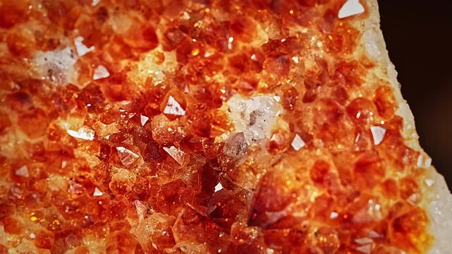 Natural raw citrine quartz gemstone showing numerous translucent crystal formations with warm golden orange colors and reflective surfaces.