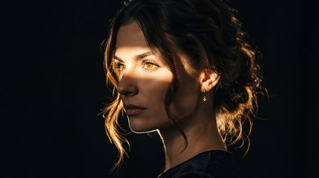 Fashion portrait of a brunette woman with elegant updo and loose, wavy tendrils framing her face. Black background, narrow horizontal sliver of warm golden sunlight cuts across her face.