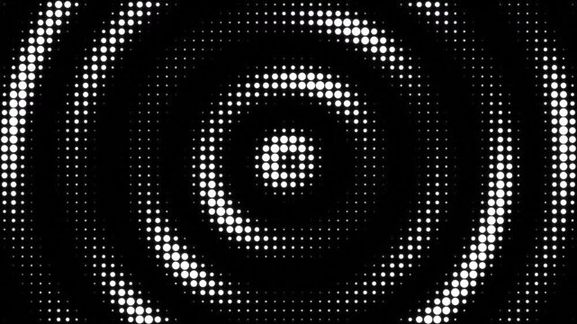 Abstract halftone concentric circle patterns pulsating over black background motion graphic.