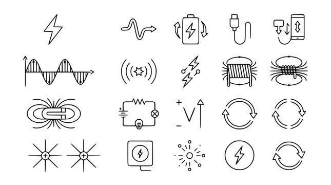 Physics and Electrical Engineering Line Icon Set Featuring Electricity Magnetism Circuit Diagrams Waves Batteries and Electromagnetic Fields for Technical Graphic Designs