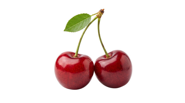 Two cherries with green leaf isolated on transparent png