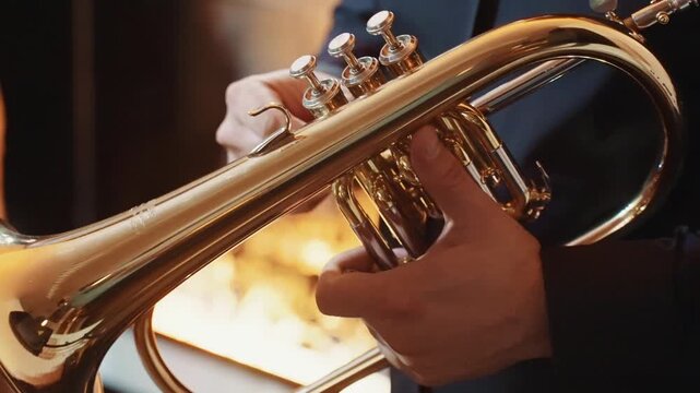 Golden brass instrument gleams under warm stage lights. Hands grip valves and mouthpiece with focused precision. Musical expression radiates from the player's steady posture