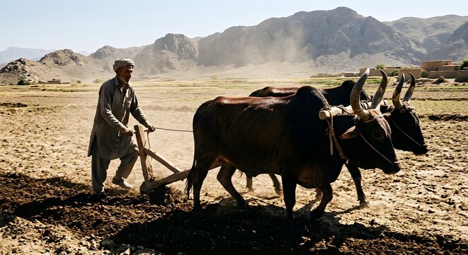 An authentic South Asian farmer in traditional shalwar kameez and turban guiding a wooden hand plow pulled by two horned oxen through a dusty arid agricultural field set against a dramatic backdrop of