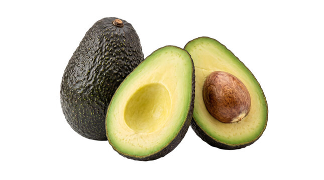 Whole avocado and two halves, one with isolated on transparent png