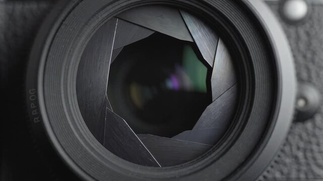 Camera lens aperture blades open and close in close-up. Photography and optics technology. Iris mechanism and camera equipment. Macro view of lens assembly.