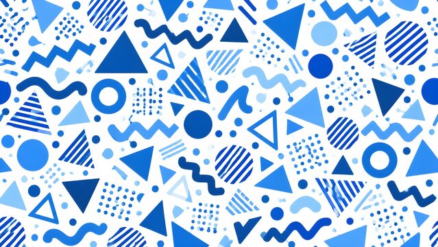 Blue monochrome Memphis seamless pattern with triangles, zigzags, squiggles, striped circles and dotted grids on white background, retro geometric design for fabric, packaging and print