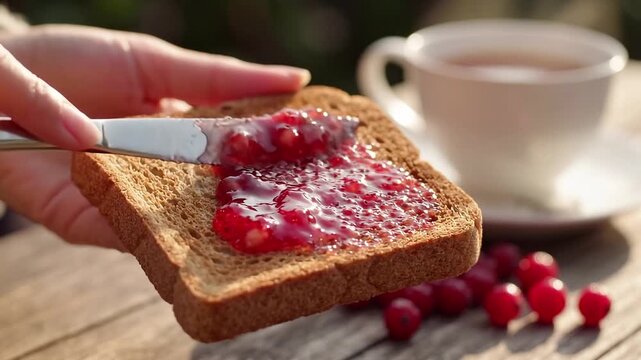 Hand spreading red berry jam on toasted bread beside tea. Breakfast preparation. Homemade fruit preserve and simple food. Close-up culinary process.
