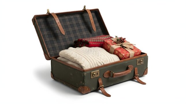An open vintage suitcase containing a knitted white sweater and a wrapped holiday gift box with white background filled