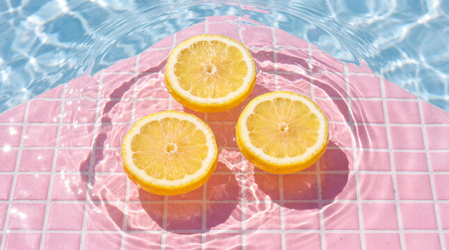 Vibrant yellow lemon slices floating on surface of rippling crystal-clear water with vivid pastel pink pool floor. Fruit flesh, juicy citrus rind.