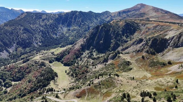 Autumnal drone flight over Col de Pailheres mountain pass