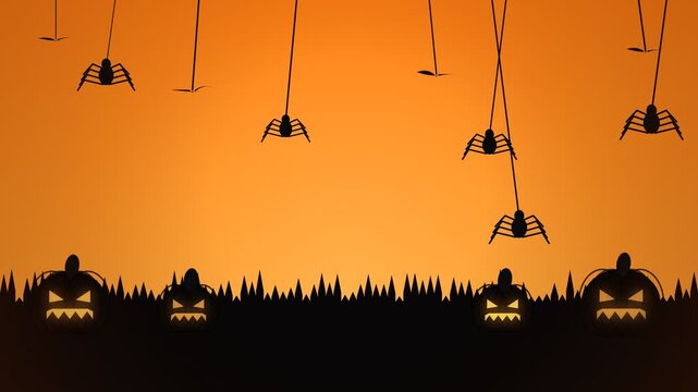Orange halloween motion background featuring hanging spiders on web threads and glowing jack-o-lantern silhouette pumpkins in grass