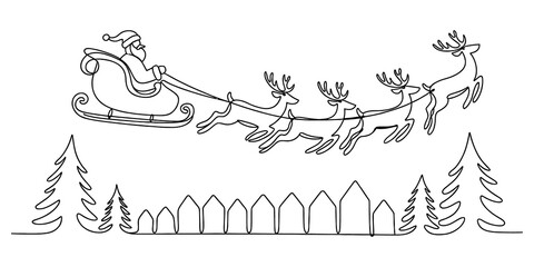 Santa claus flying in sleigh with reindeer over a village isolated on transparent background © TuniRani