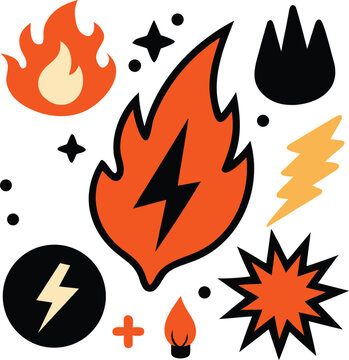 Set of flat vector fire flame lightning bolt and energy explosion