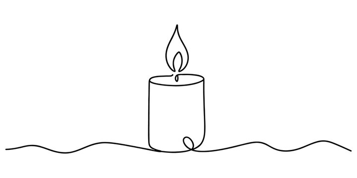 Continuous single line drawing of a burning candle isolated on transparent background