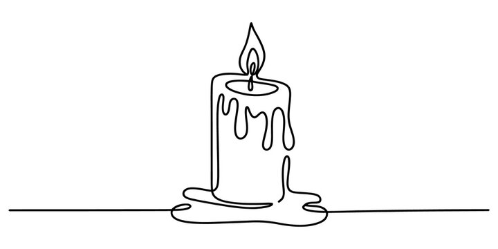 Single continuous line drawing of a burning candle isolated on transparent background