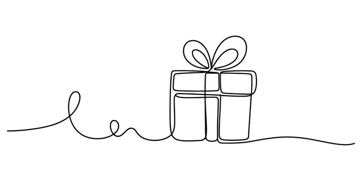 Continuous single line drawing of a wrapped gift box isolated on transparent background