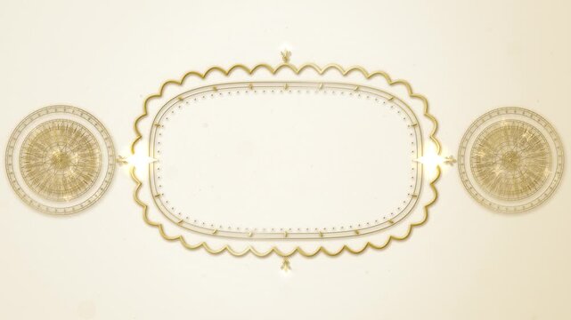 Luxurious motion graphic featuring an empty golden decorative border frame with rotating mandala patterns and glowing star particles against a clean ivory white background.